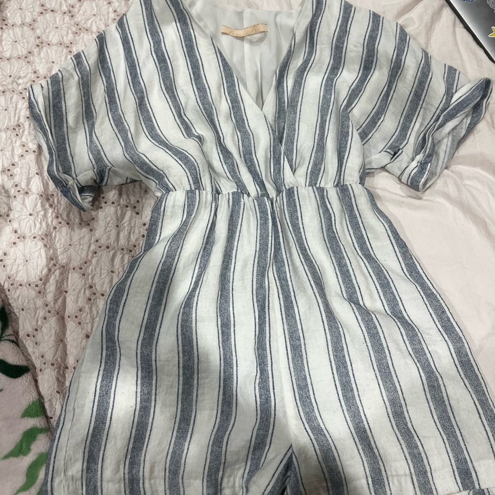 Hutch Blue White Striped Romper Size M Smocked Waist Puff Sleeve Summer